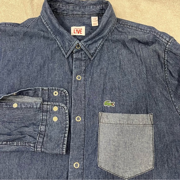 Lacoste Live Denim Shirt Mens 44 XL Button Snap Blue Long Sleeve - Picture 1 of 7